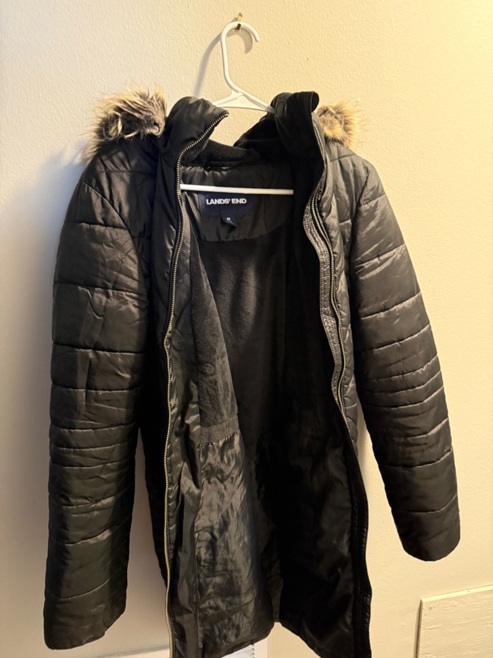 Lands' End Black Quilted Hooded Coat with Faux-Fur Trim